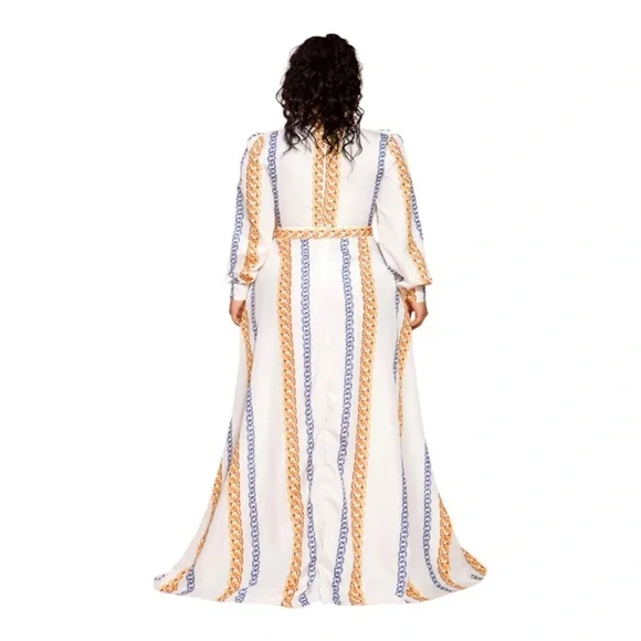 Chain Print Split Thigh Plunge Neck Ruffle Maxi Event Flowy Dress Size Large - Picture 3 of 8